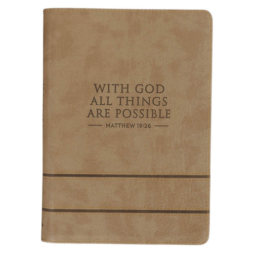 With God All Things Are Possible Tan Faux Leather Journal with Zipper Closure - Matthew 19:26 - KI Gifts Christian Supplies