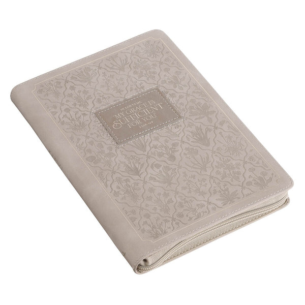 Sufficient Grace Taupe Faux Leather Classic Journal with Zipper Closure - 2 Cor 12:9