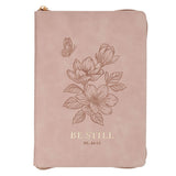 Be Still Pink Floral Faux Leather Classic Journal with Zipper Closure - Psalm 46:10