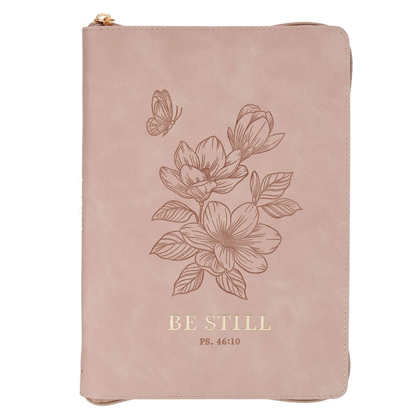 Be Still Pink Floral Faux Leather Classic Journal with Zipper Closure - Psalm 46:10