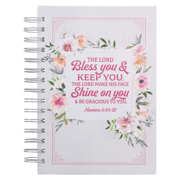 Bless You and Keep You White and Pink Floral Wirebound Journal - Numbers 6:24-25