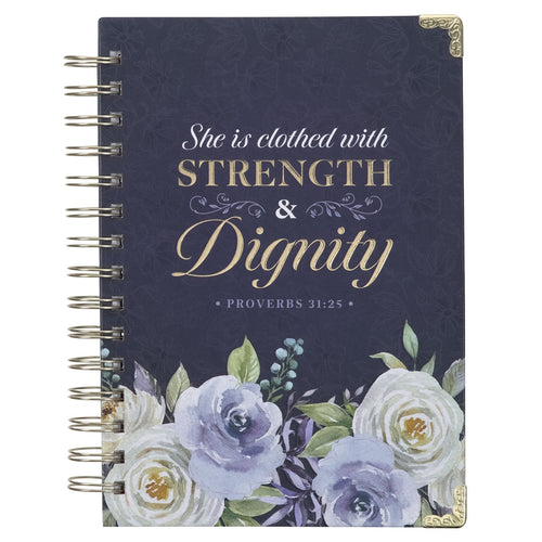 Strength & Dignity Indigo Rose Large Wirebound Journal - Proverbs 31:25 - KI Gifts Christian Supplies