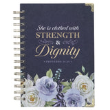 Strength & Dignity Indigo Rose Large Wirebound Journal - Proverbs 31:25 - KI Gifts Christian Supplies