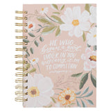 Good Work Peach Floral Wirebound Journal - Philippians 1:6 - KI Gifts Christian Supplies