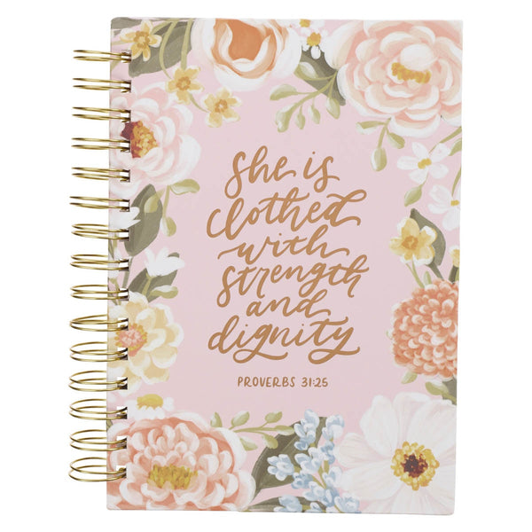 Strength and Dignity Pink Floral Wirebound Journal - Proverbs 31:25 - KI Gifts Christian Supplies