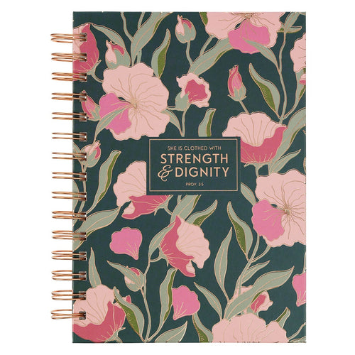 Strength and Dignity Deep Teal Floral Spiral Journal - Proverbs 31:25 - KI Gifts Christian Supplies