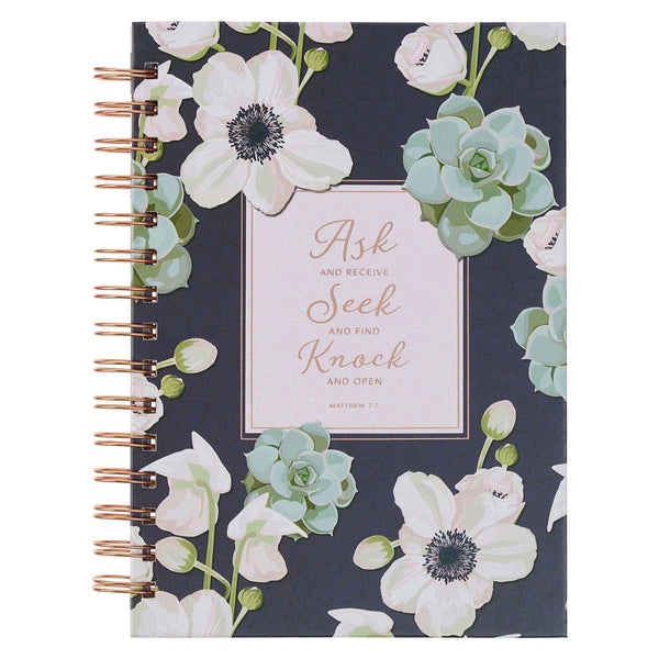 Ask, Seek, Knock Navy Floral Spiral Journal - Matthew 7:7 - KI Gifts Christian Supplies