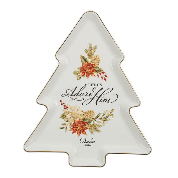 Adore Him White Christmas Tree Ceramic Plate - Psalm 96:6 - KI Gifts Christian Supplies