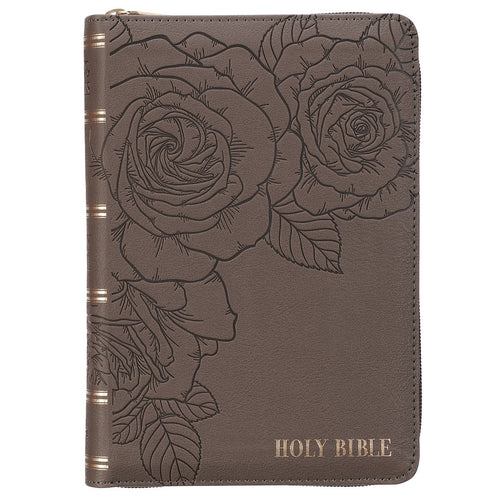 Floral Dusty Taupe Faux Leather Large Print Compact King James Version Bible - KI Gifts Christian Supplies