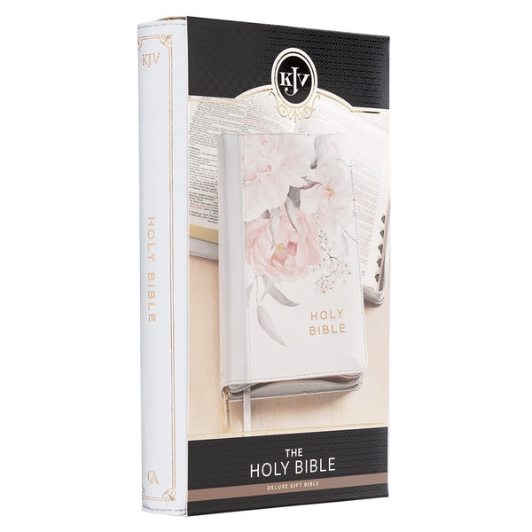 Frosty Gray and Pink Floral Faux Leather King James Version Deluxe Gift Bible with Thumb Index and Zipper Closure