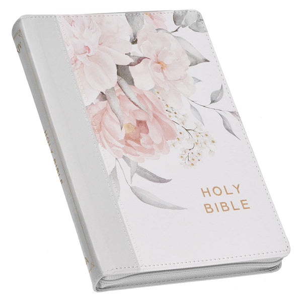 Frosty Gray and Pink Floral Faux Leather King James Version Deluxe Gift Bible with Thumb Index and Zipper Closure