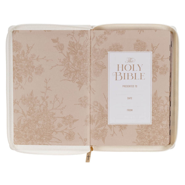 White and Gold Faux Leather Large Print Thinline King James Version Bible with Zippered Closure and Thumb Index