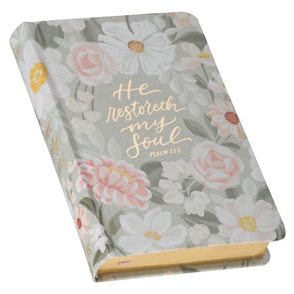 Lichen Gray Floral Faux Leather Hardcover King James Version Bible - Psalm 23:3