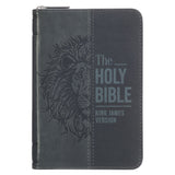Gray Lion Faux Leather King James Version Pocket Bible with Zipper Closure - KI Gifts Christian Supplies