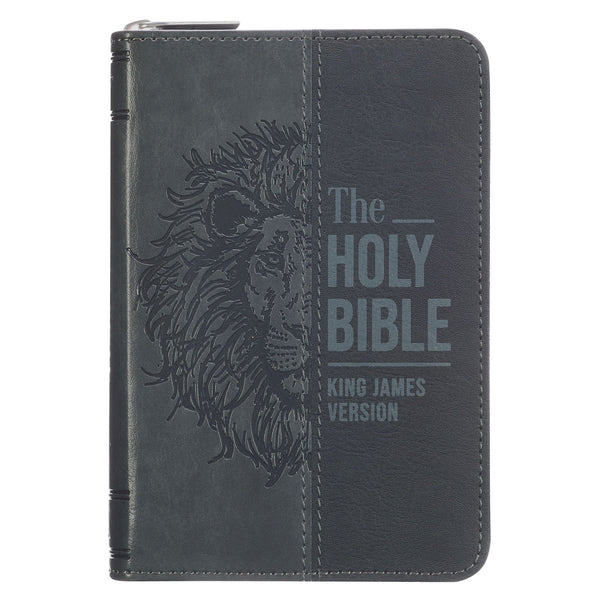 Gray Lion Faux Leather King James Version Pocket Bible with Zipper Closure - KI Gifts Christian Supplies