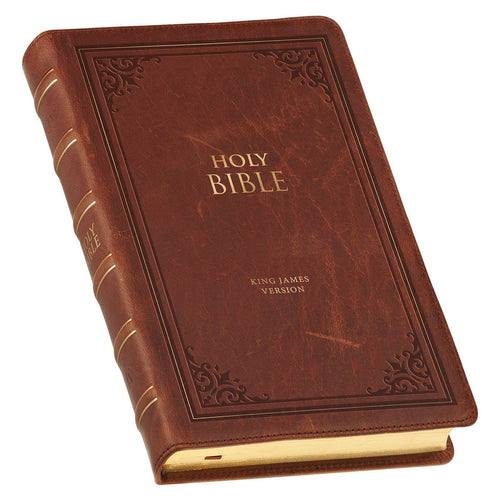 Triple Pane Frame Saddle Tan Full-grain Leather King James Version Deluxe Gift Bible with Thumb Index - KI Gifts Christian Supplies