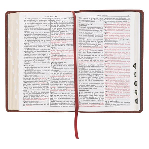 Triple Pane Frame Saddle Tan Full-grain Leather King James Version Deluxe Gift Bible with Thumb Index