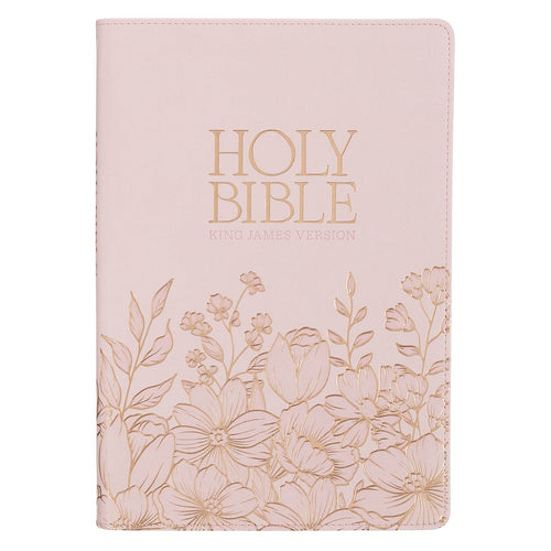 Whisper Pink Floral Faux Leather Large Print Thinline King James with Thumb Index