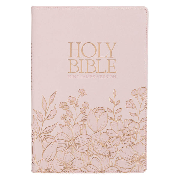 Whisper Pink Floral Faux Leather Large Print Thinline King James with Thumb Index
