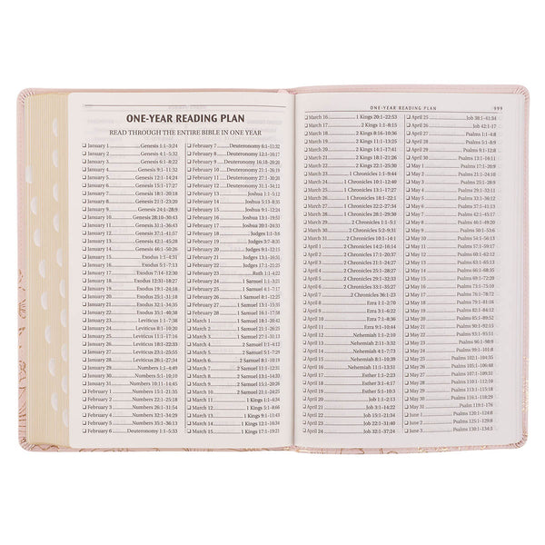 Whisper Pink Floral Faux Leather Large Print Thinline King James with Thumb Index