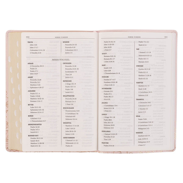 Whisper Pink Floral Faux Leather Large Print Thinline King James with Thumb Index