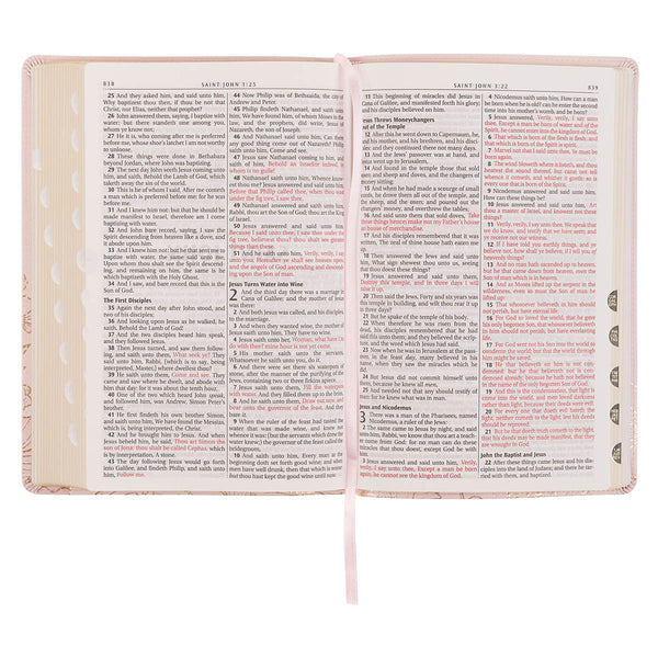 Whisper Pink Floral Faux Leather Large Print Thinline King James with Thumb Index