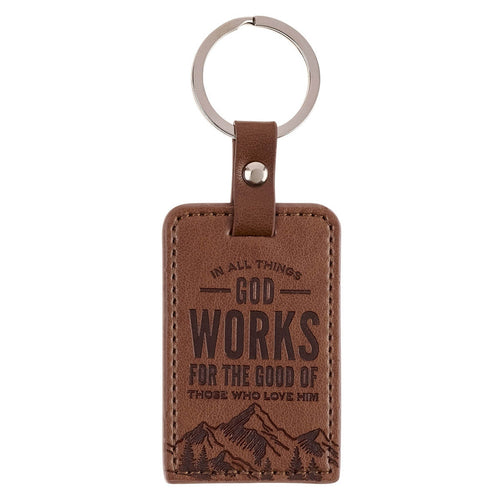 God Works for the Good Brown Faux Leather Keychain - Romans 8:28 - KI Gifts Christian Supplies