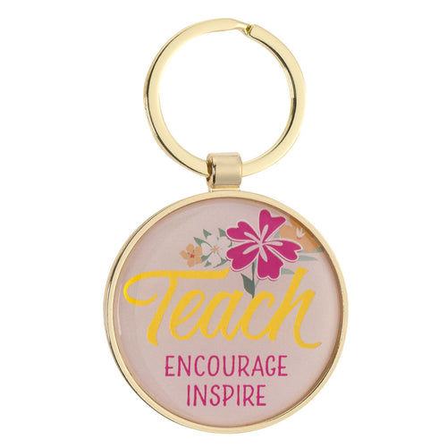 Teach, Encourage, Inspire Pink Epoxy-coated Metal Keychain - Zephaniah 3:17