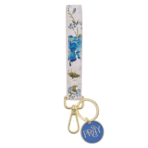 Pray Blue Floral Faux Leather Wristlet Keychain - Job 22:27 - KI Gifts Christian Supplies