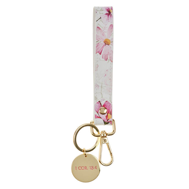 Love Red Floral Faux Leather Wrist Strap Keychain - 1 Corinthians 13:4