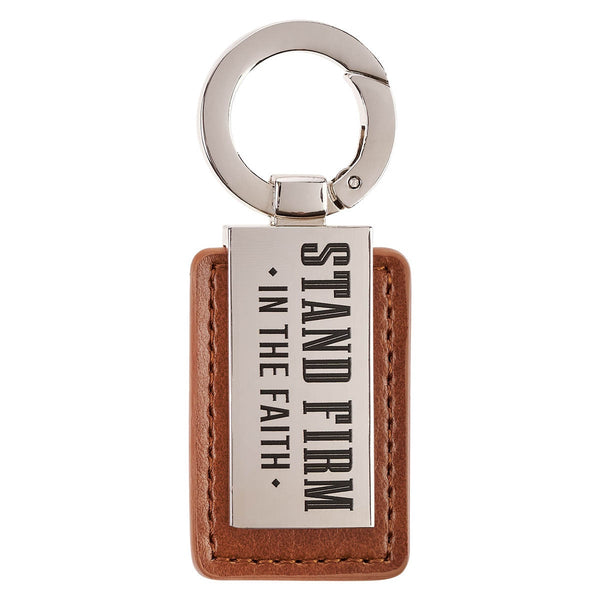 Stand Firm in the Faith Honey-brown Faux Leather and Silver Metal Keychain - 1 Corinthians 16:13 - KI Gifts Christian Supplies