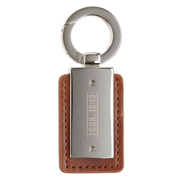 Stand Firm in the Faith Honey-brown Faux Leather and Silver Metal Keychain - 1 Corinthians 16:13