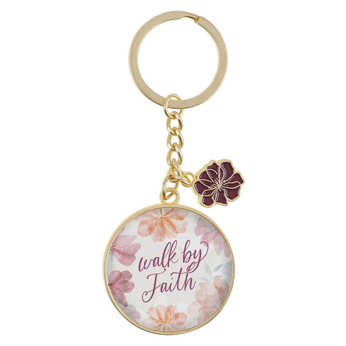 Walk by Faith Pink Cosmos Metal Keychain with Link Chain Medallion - 2 Corinthians 5:7 - KI Gifts Christian Supplies