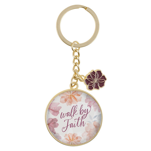 Walk by Faith Pink Cosmos Metal Keychain with Link Chain Medallion - 2 Corinthians 5:7 - KI Gifts Christian Supplies