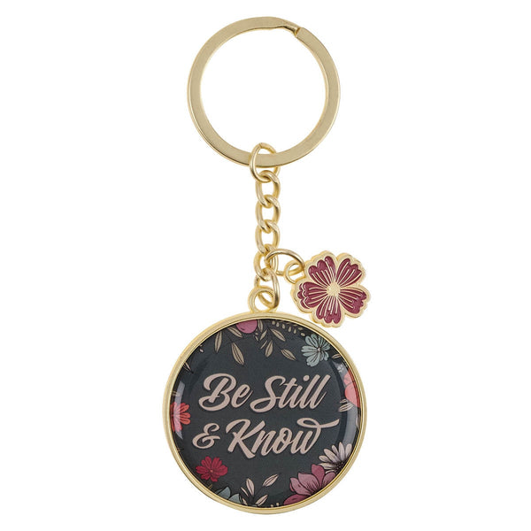 Be Still Teal Botanical Metal Keychain with Link Chain Medallion - Psalm 46:10 - KI Gifts Christian Supplies