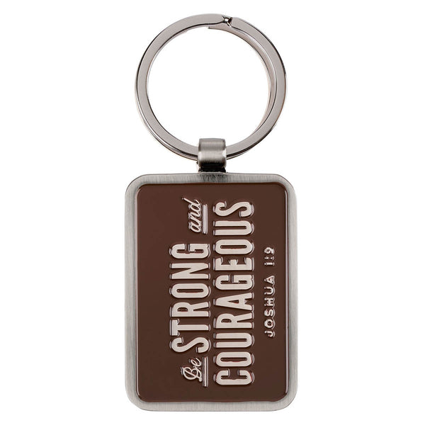 Be Strong and Courageous Brown Epoxy-filled Silver Metal Keychain - Joshua 1:9 - KI Gifts Christian Supplies