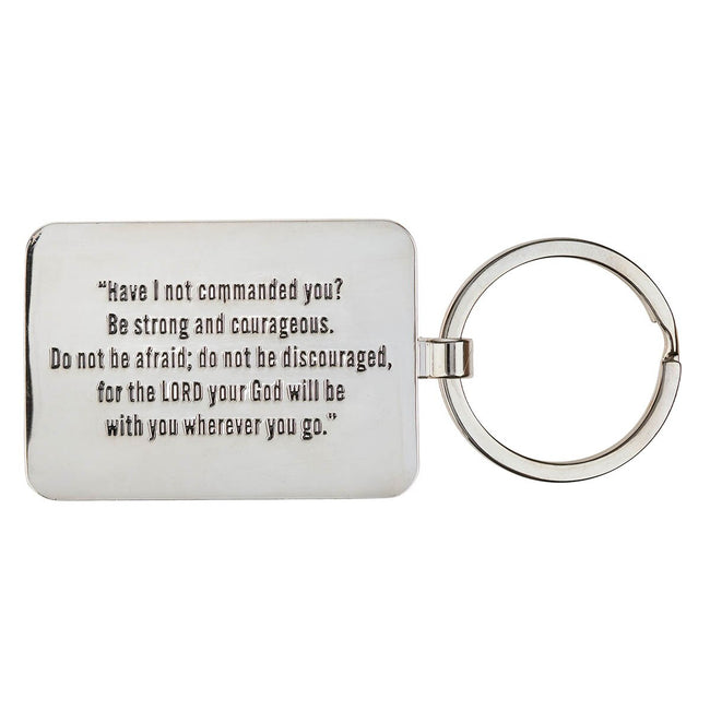 Be Strong and Courageous Brown Epoxy-filled Silver Metal Keychain - Joshua 1:9
