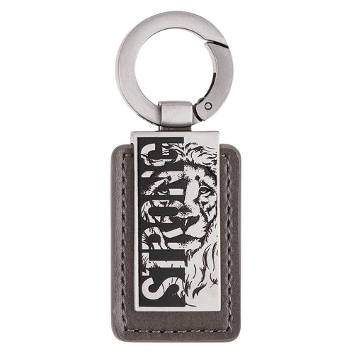 Strong Lion Gray Faux Leather and Silver Metal Keychain - Joshua 1:9 - KI Gifts Christian Supplies