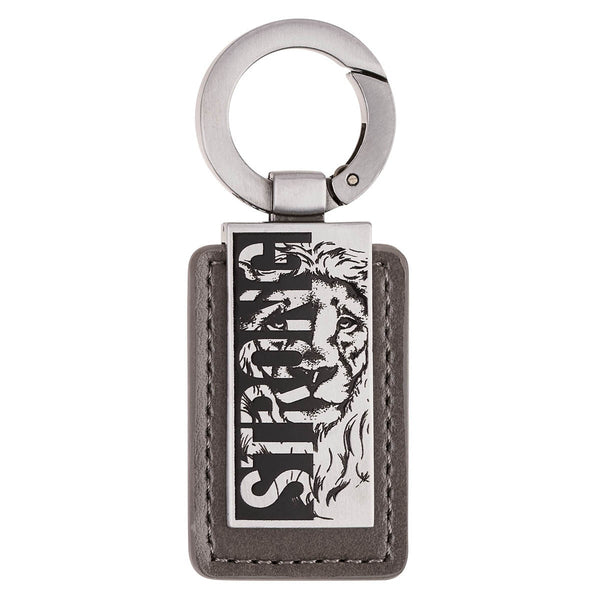 Strong Lion Gray Faux Leather and Silver Metal Keychain - Joshua 1:9 - KI Gifts Christian Supplies