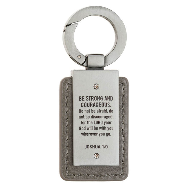 Strong Lion Gray Faux Leather and Silver Metal Keychain - Joshua 1:9