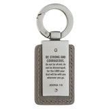 Strong Lion Gray Faux Leather and Silver Metal Keychain - Joshua 1:9
