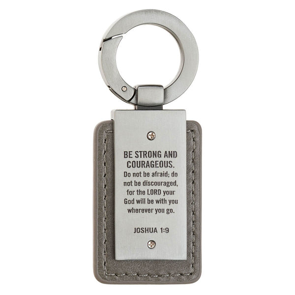 Strong Lion Gray Faux Leather and Silver Metal Keychain - Joshua 1:9