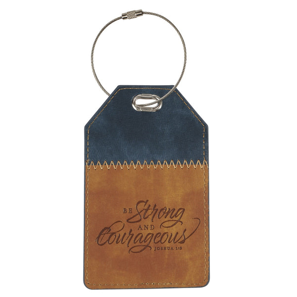 Strong and Courageous Butterscotch and Navy Faux Leather Luggage Tag - Joshua 1:9 - KI Gifts Christian Supplies