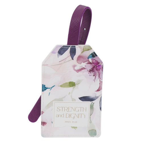 Strength and Dignity Purple Floral Faux Leather Luggage Tag - Proverbs 31:25 - KI Gifts Christian Supplies