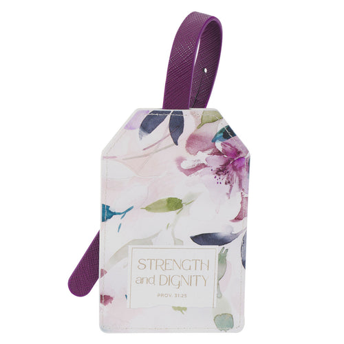 Strength and Dignity Purple Floral Faux Leather Luggage Tag - Proverbs 31:25