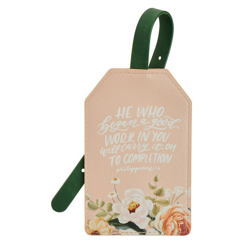 He Who Began a Good Work Pink Floral Faux Leather Luggage Tag - Philippians 1:6