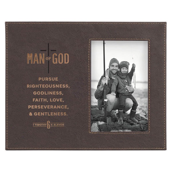 Man of God Brown Faux Leather Photo Frame - 1 Timothy 6:11 - KI Gifts Christian Supplies