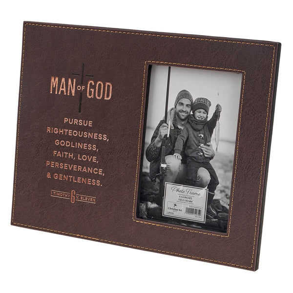 Man of God Brown Faux Leather Photo Frame - 1 Timothy 6:11