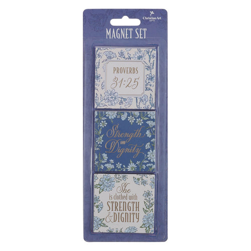 Strength and Dignity Blue Cottage Garden Magnet Set - Proverbs 31:25
