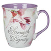 Strength and Dignity Hummingbird Purple Ceramic Coffee Mug - Proverbs 31:25 - KI Gifts Christian Supplies